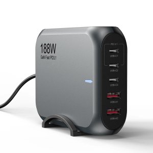 Usp 188w Five Ports Usb-c Pd Gan Wall Charger Black - 3x Usb-c, 2x Usb-a, Efficient, High Quality, Tablet, Laptop,watch,mobile Phone, Iphone, Samsung