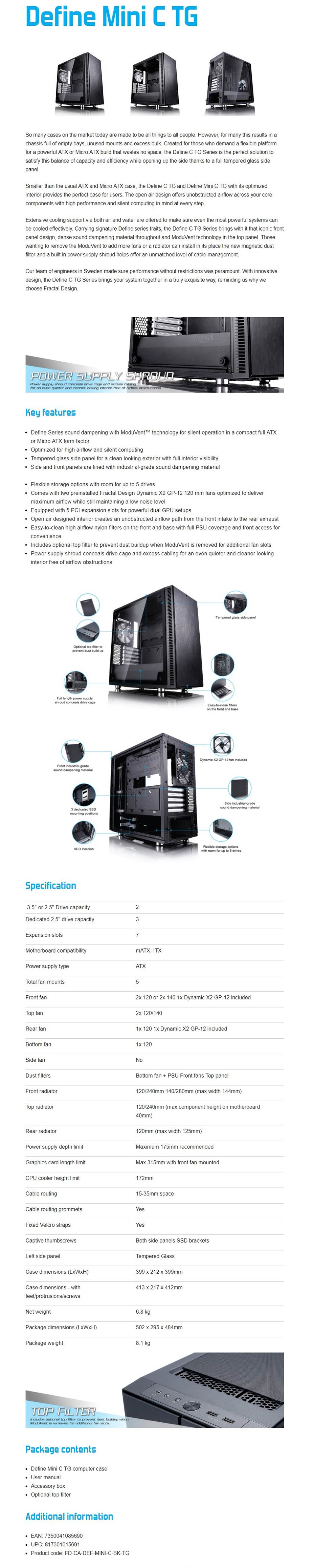 Buy Fractal Design Define Mini C Tg Tempered Glass Mid Tower Micro Atx Case Fd Ca Def Mini C Bk Tg Skycomp